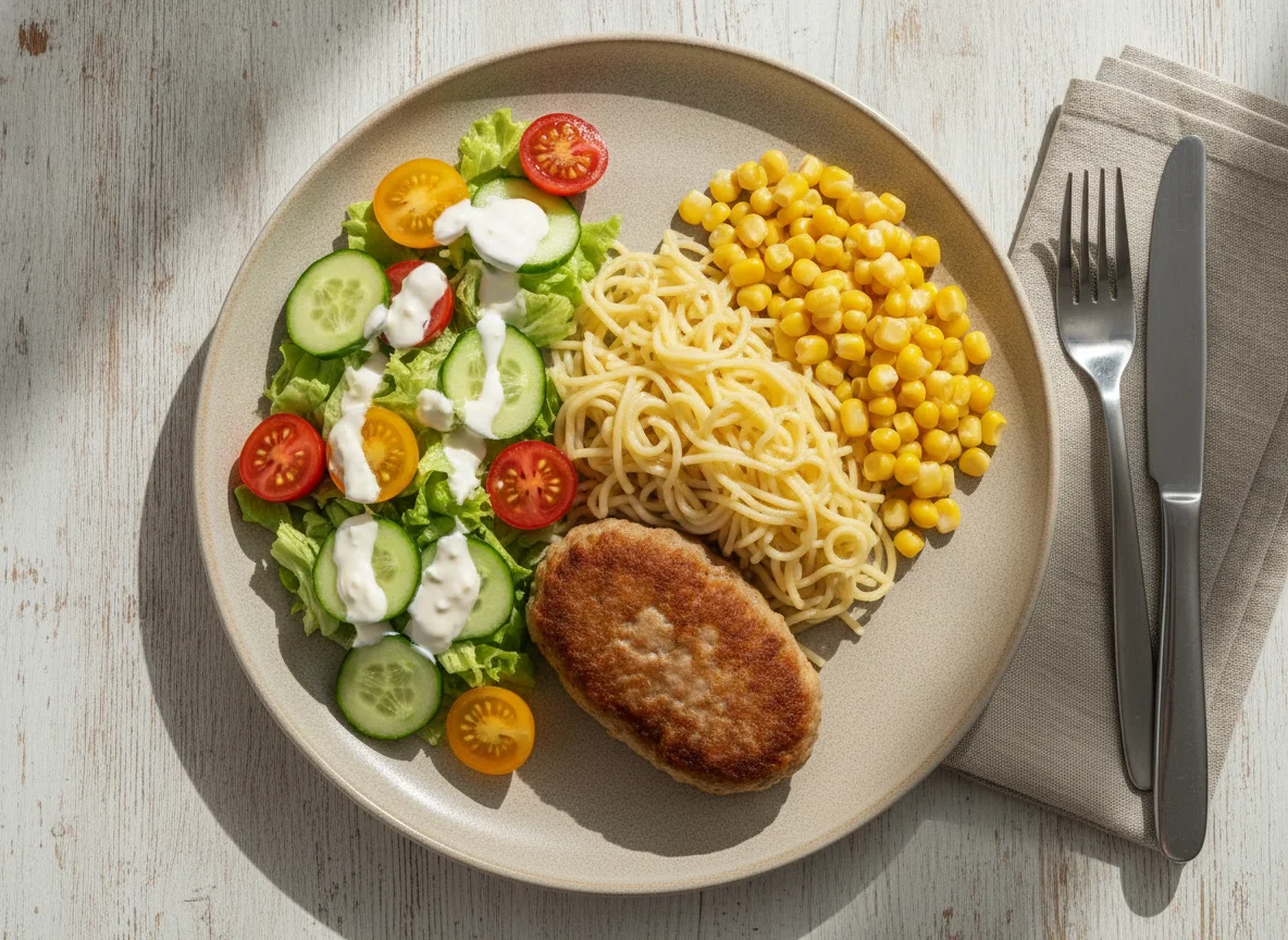 Обед с котлетой, вермишелью, кукурузой и овощным салатом photo