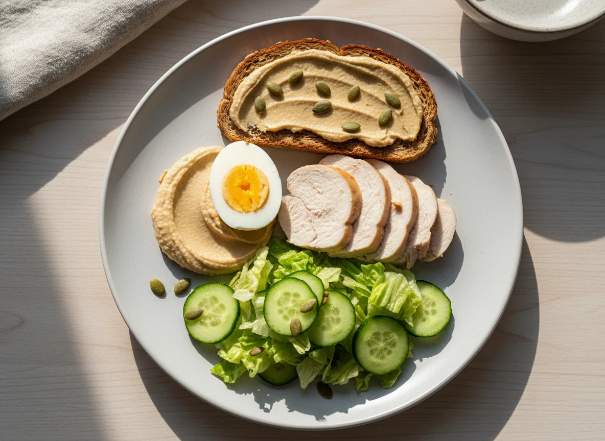 Обед с курицей, яйцом и тостом photo