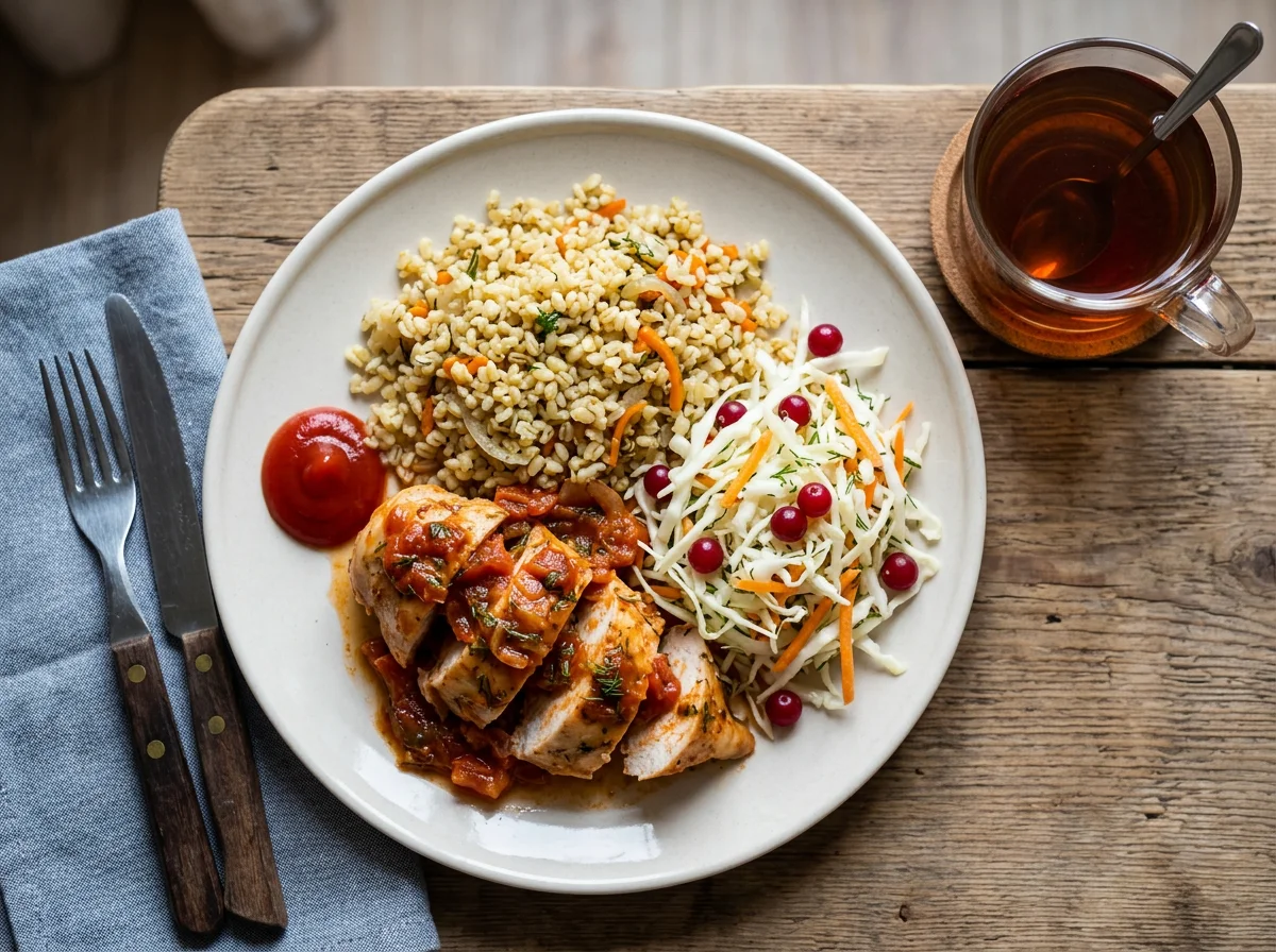 Обед с курицей, булгуром и салатом photo