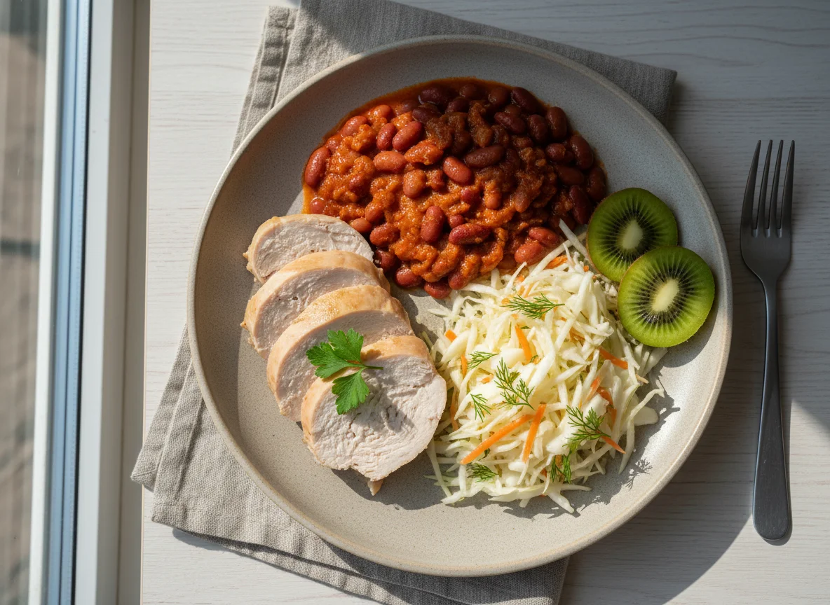 Обед с курицей, фасолью и салатом photo