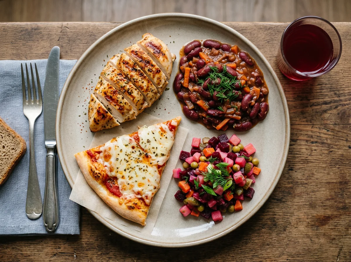 Обед с курицей, фасолью, пиццей и винегретом photo