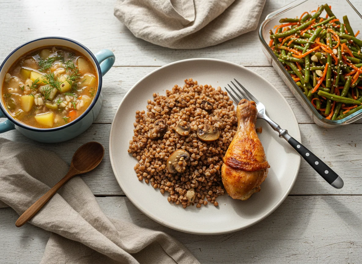 Обед с курицей, гречкой, супом и салатом photo