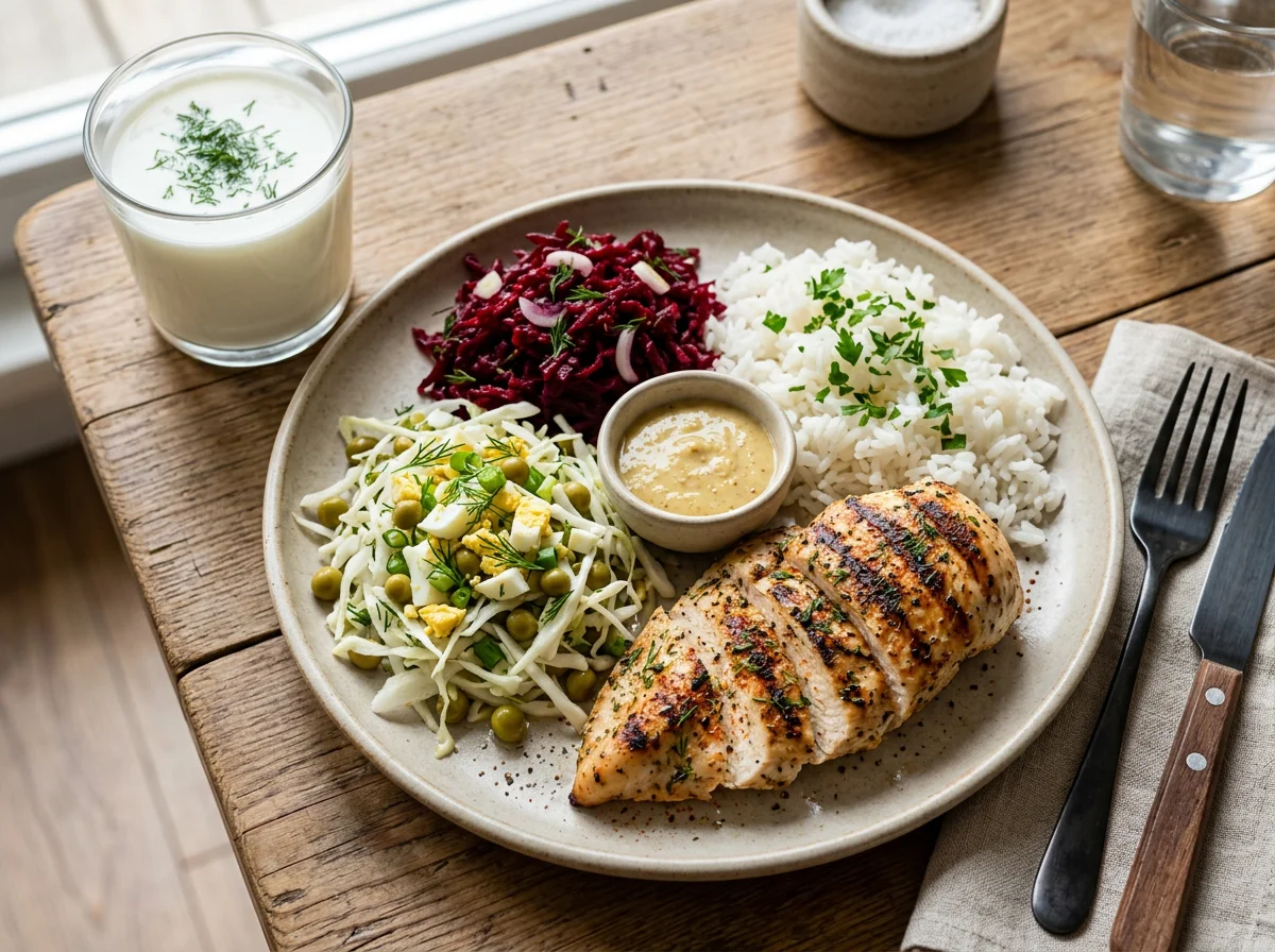 Обед с курицей гриль, рисом и салатом photo