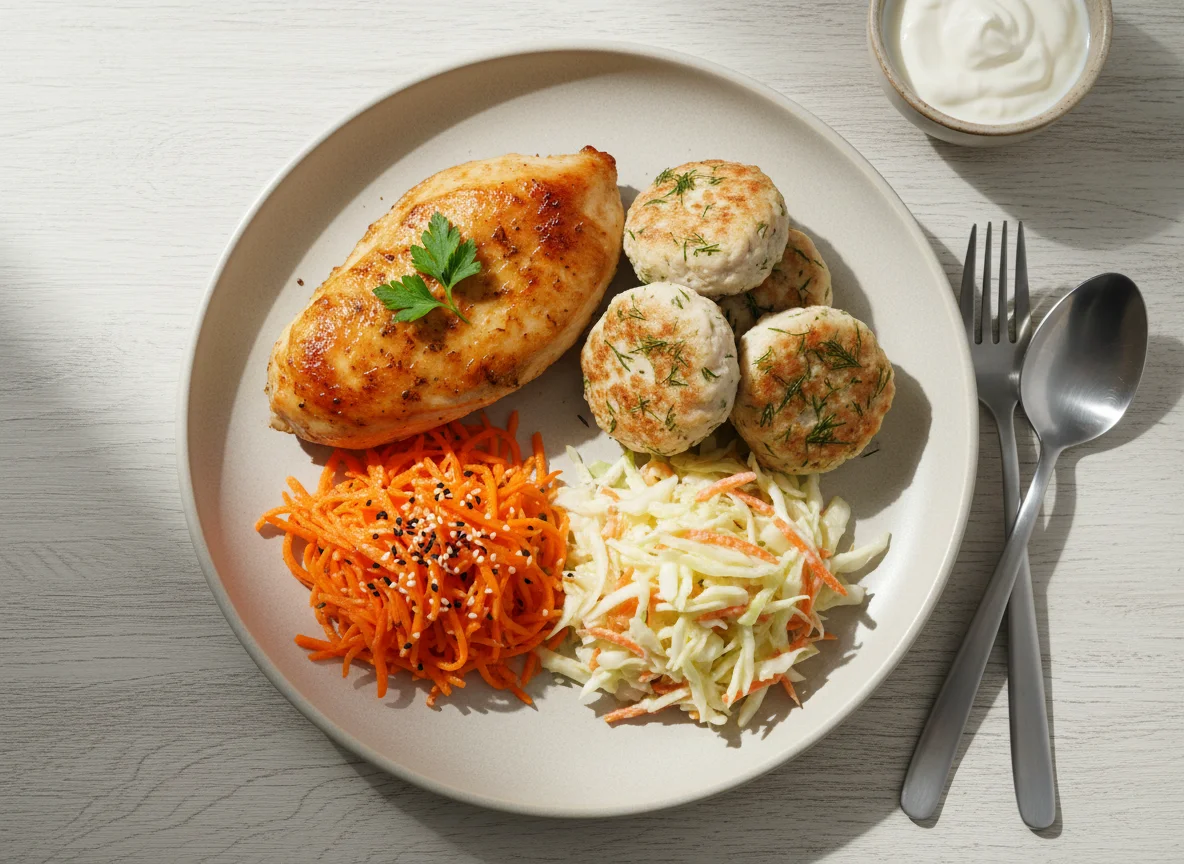 Обед с курицей и салатами photo