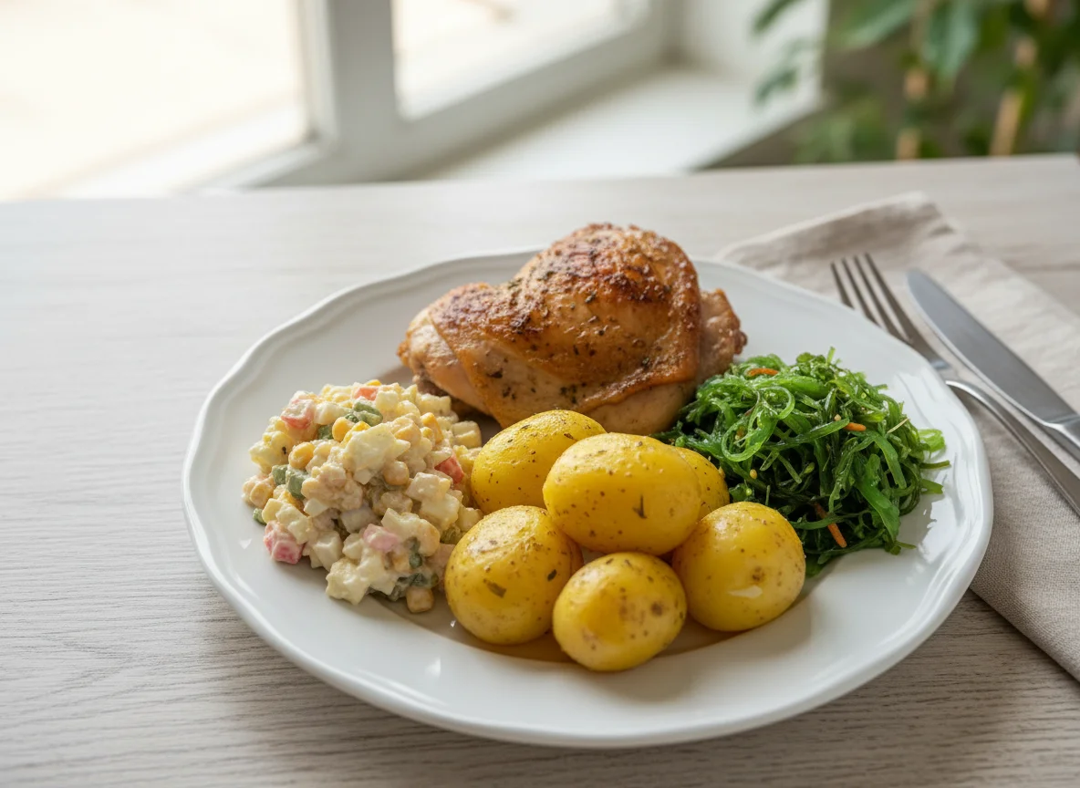 Обед с курицей, картофелем и салатами photo