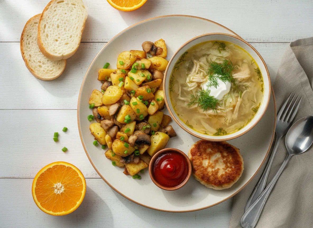 Обед с курицей, картофелем и щами photo