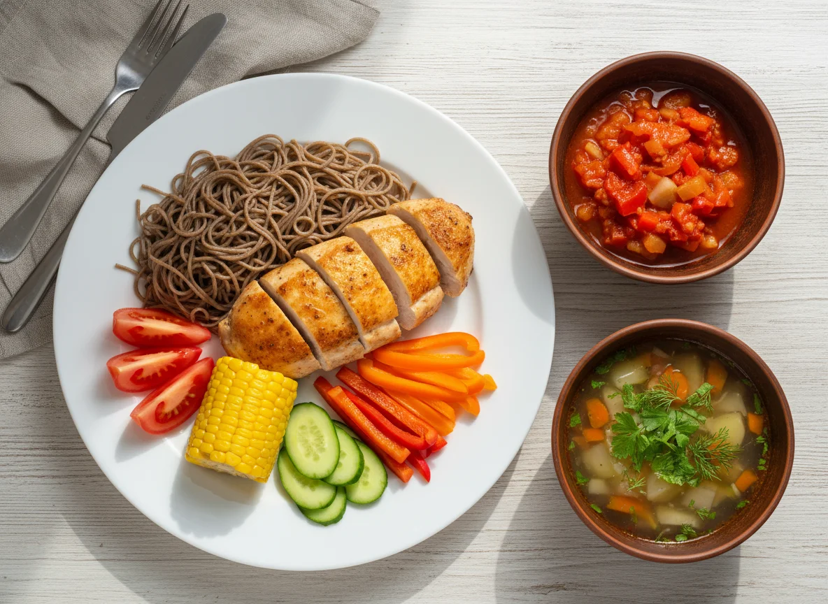 Обед с курицей, лапшой, кукурузой и овощами photo