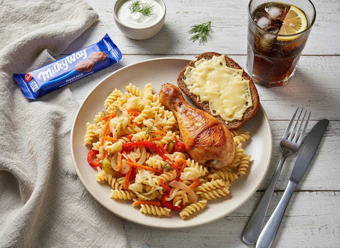 Обед с курицей, макаронами и овощами photo