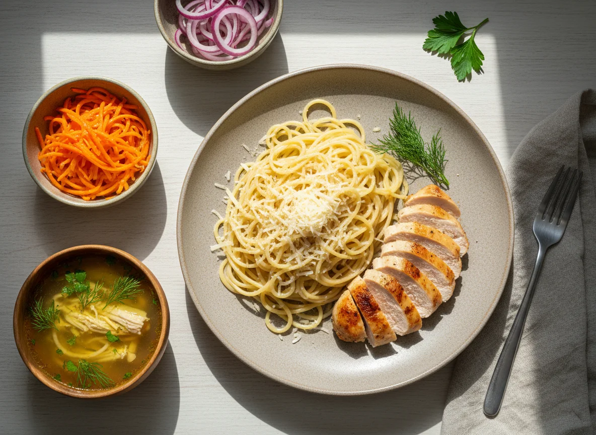 Обед с курицей, макаронами и салатами photo