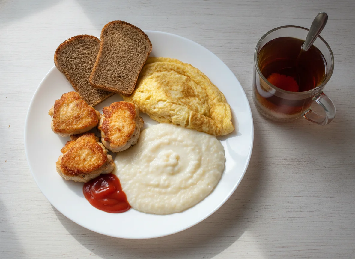 Обед с курицей, омлетом и кашей photo