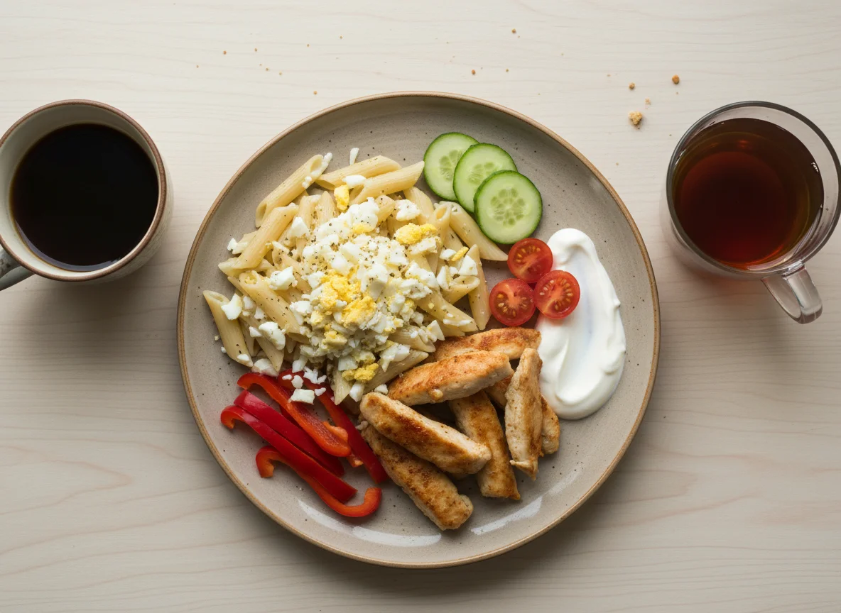 Обед с курицей, овощами и яйцом photo