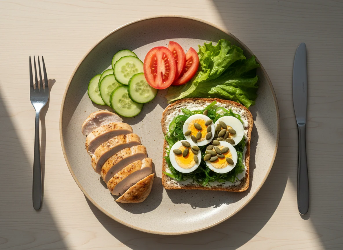 Обед с курицей, овощами и бутербродом photo