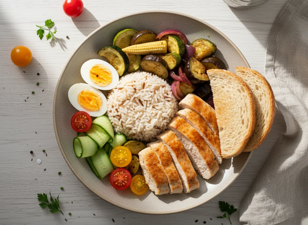 Обед с курицей, овощами и хлебом photo