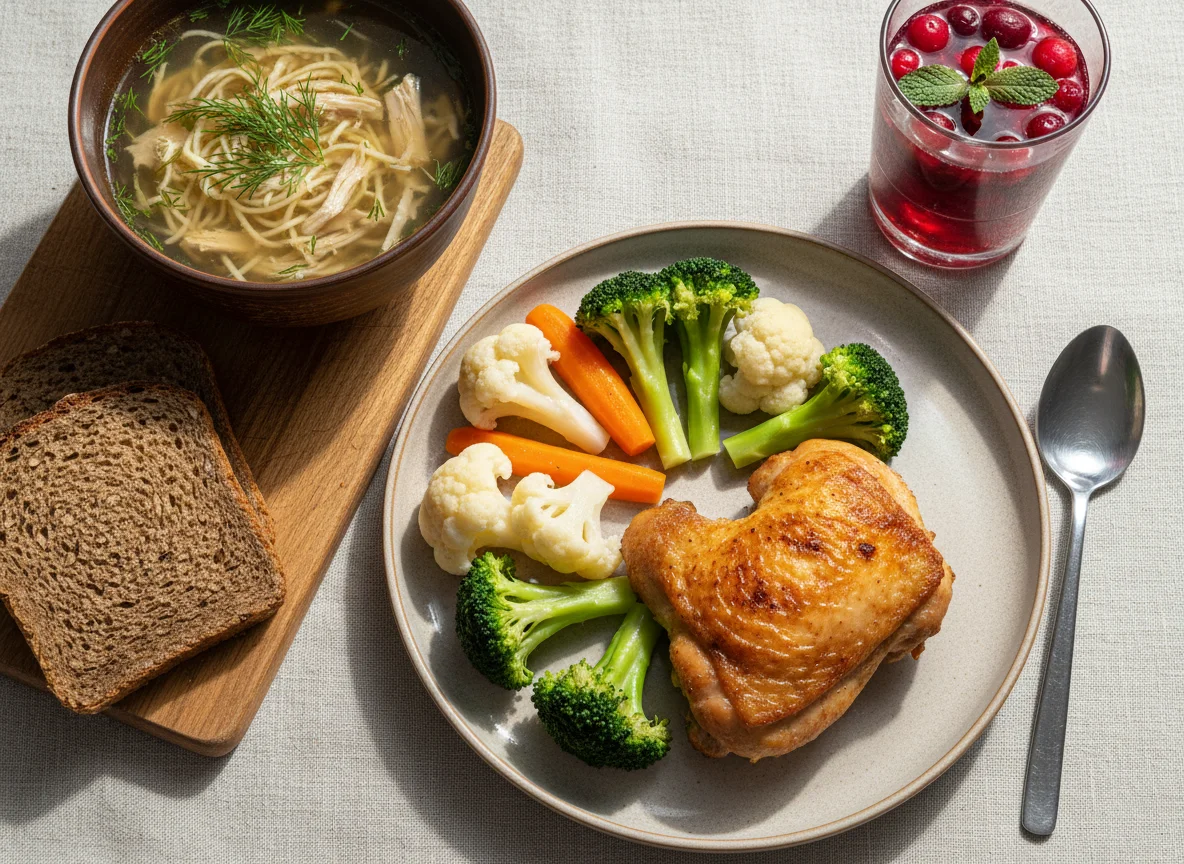 Обед с курицей, овощами и супом photo