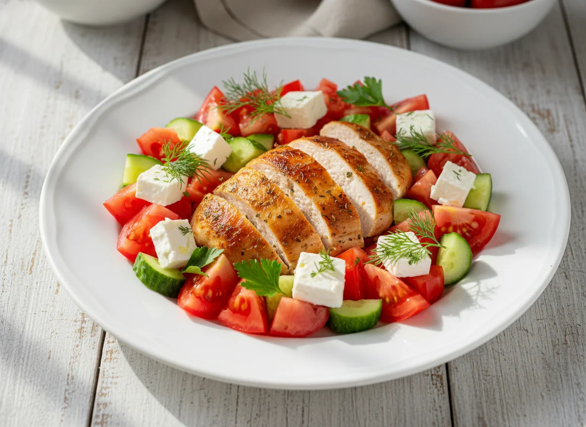 Обед с курицей, овощами и сыром photo