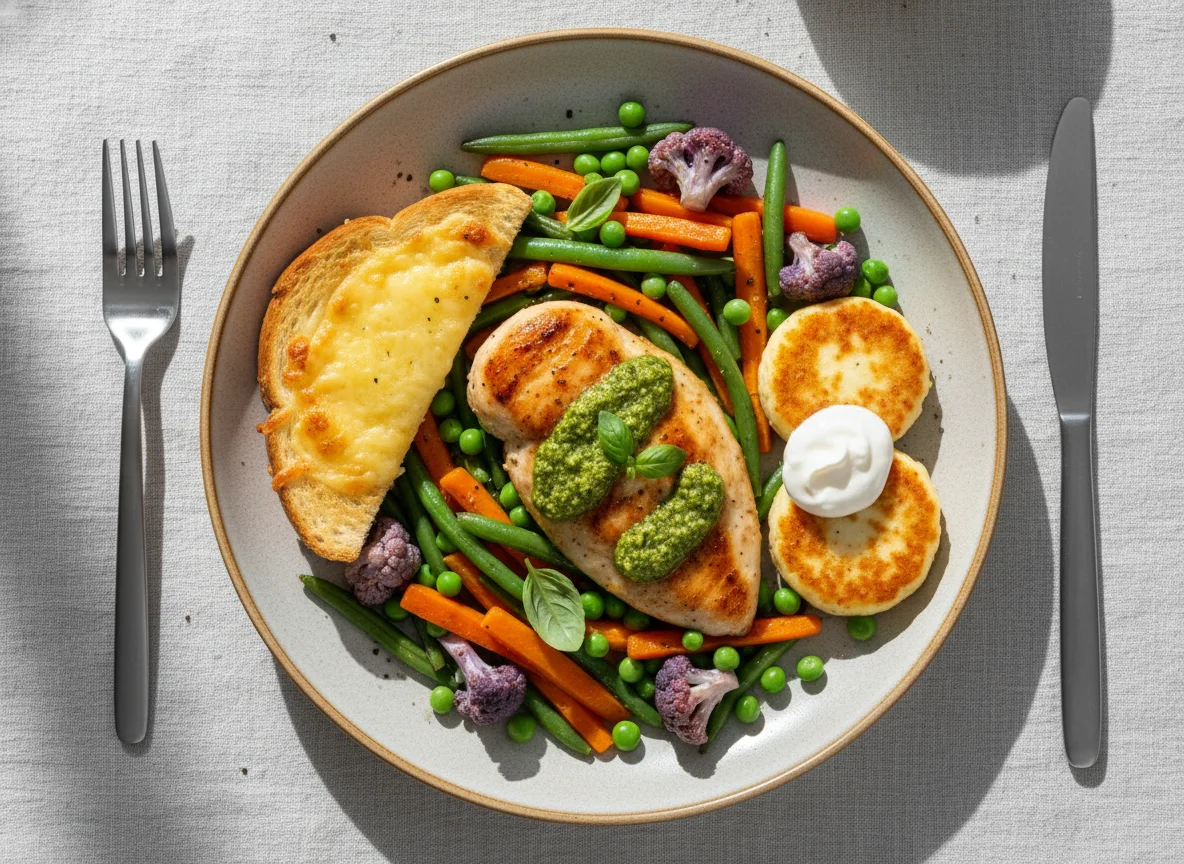 Обед с курицей, овощами и тостом photo