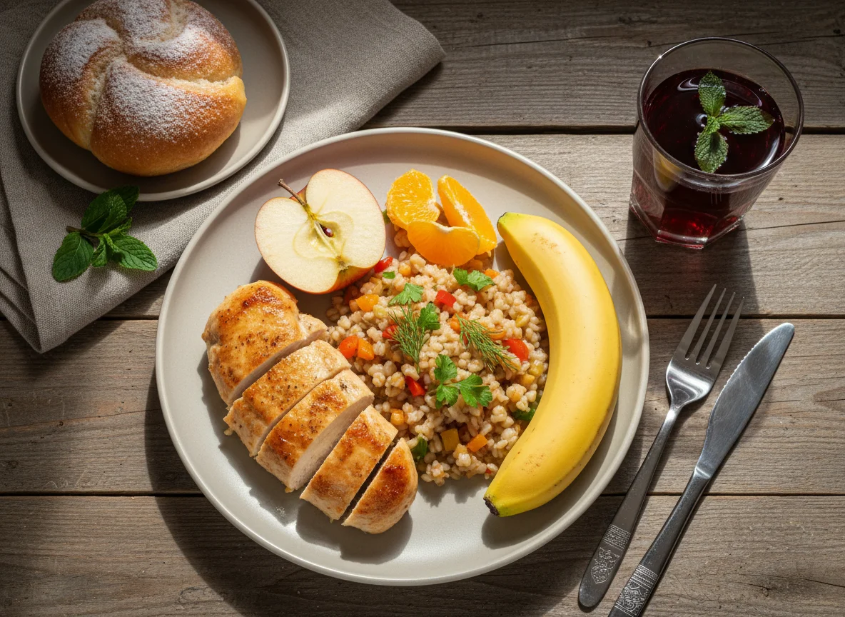 Обед с курицей, перловкой и фруктами photo