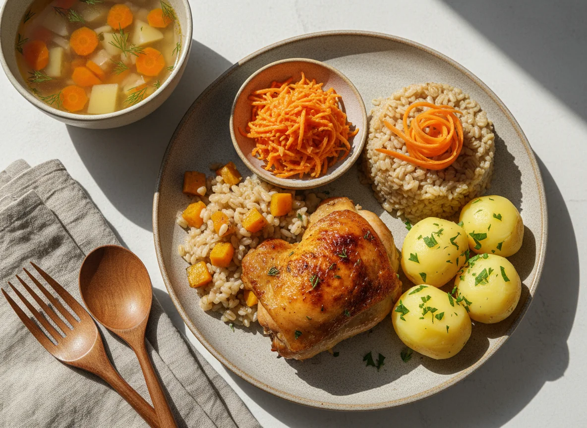 Обед с курицей, перловкой и супом photo