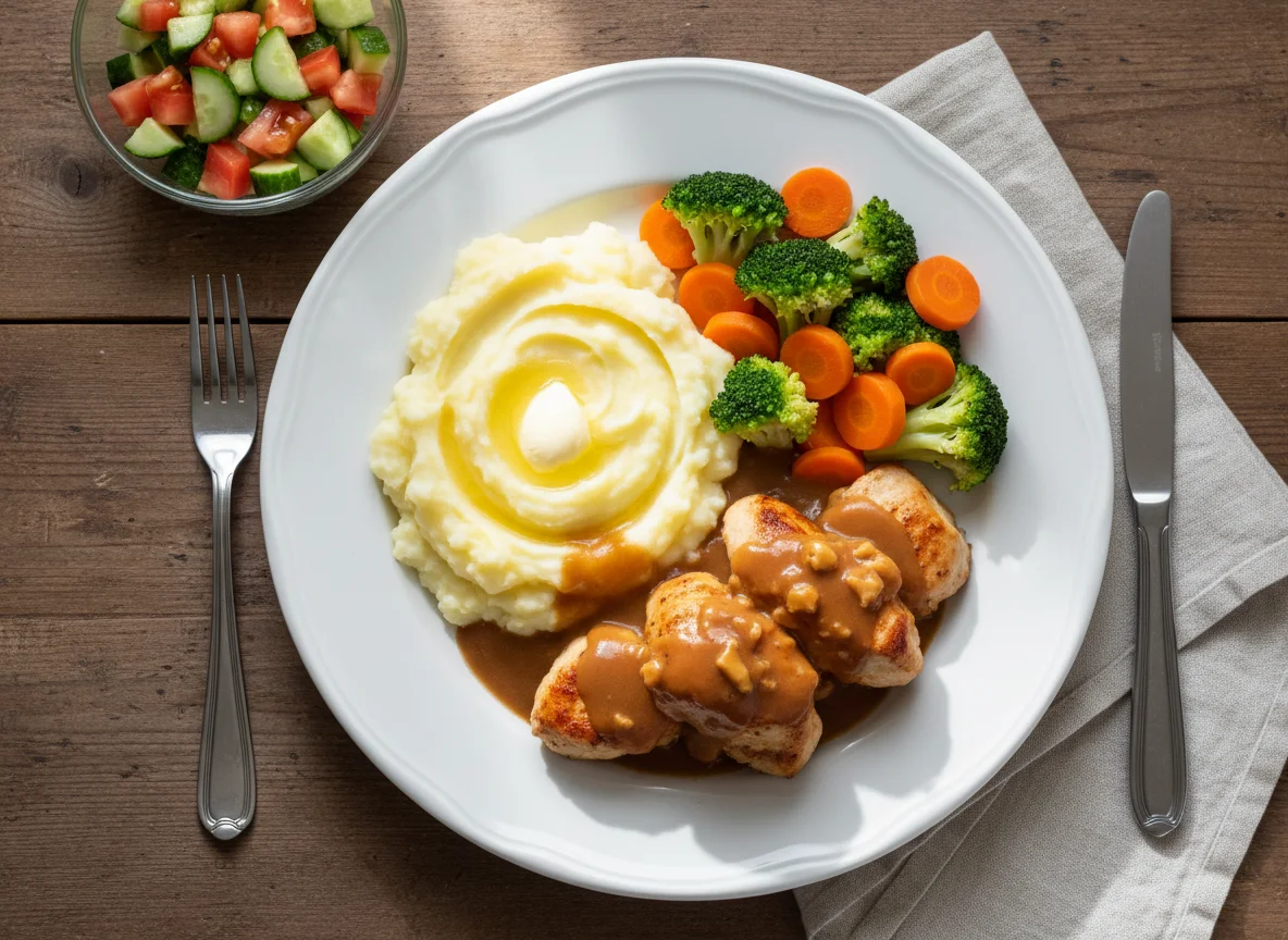 Обед с курицей, пюре и овощами photo