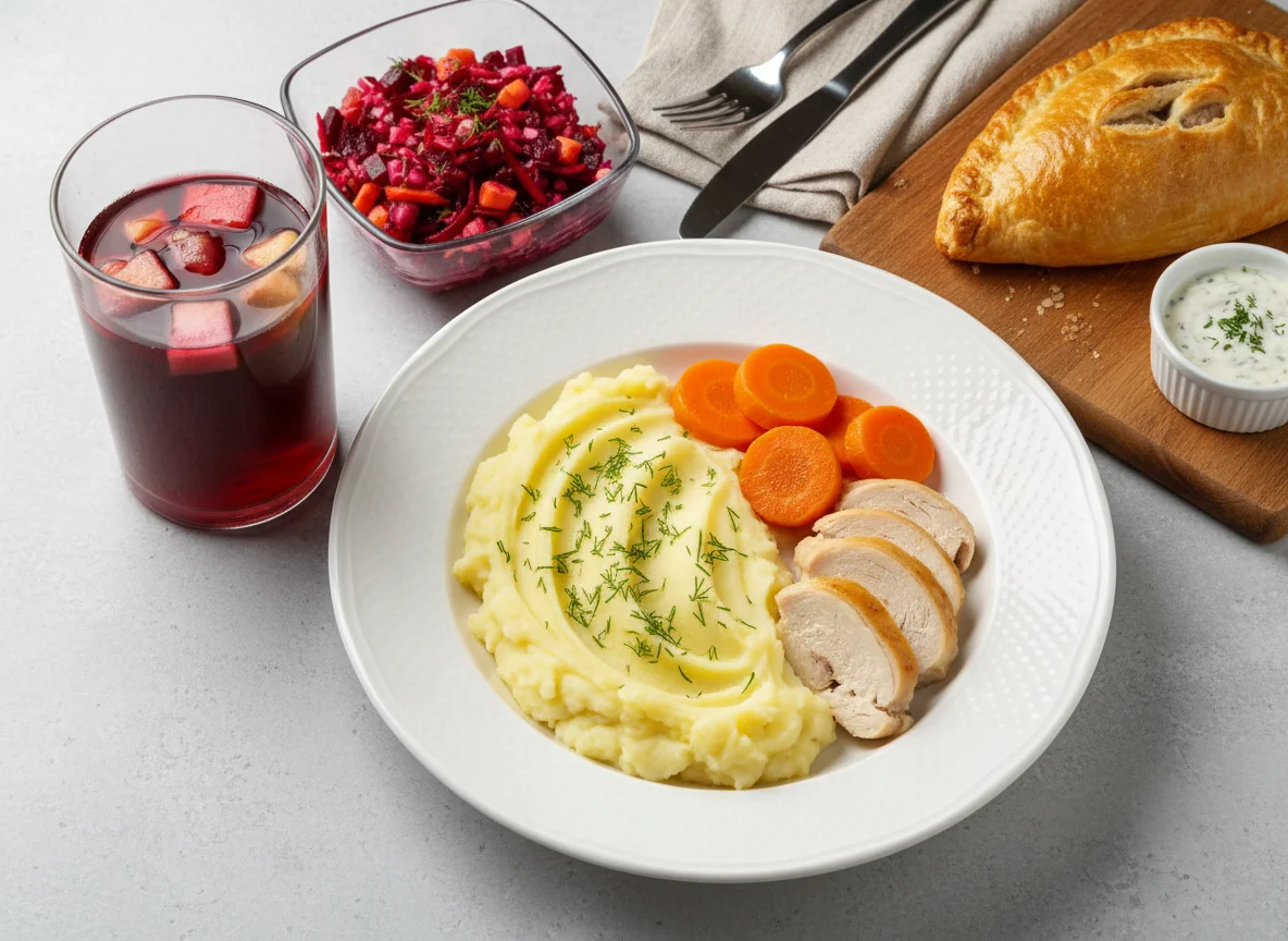 Обед с курицей, пюре и салатом photo