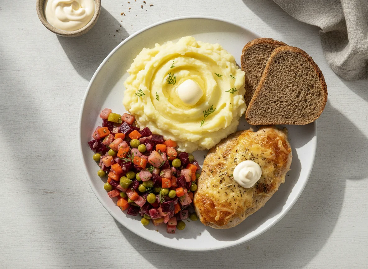 Обед с курицей, пюре и винегретом photo