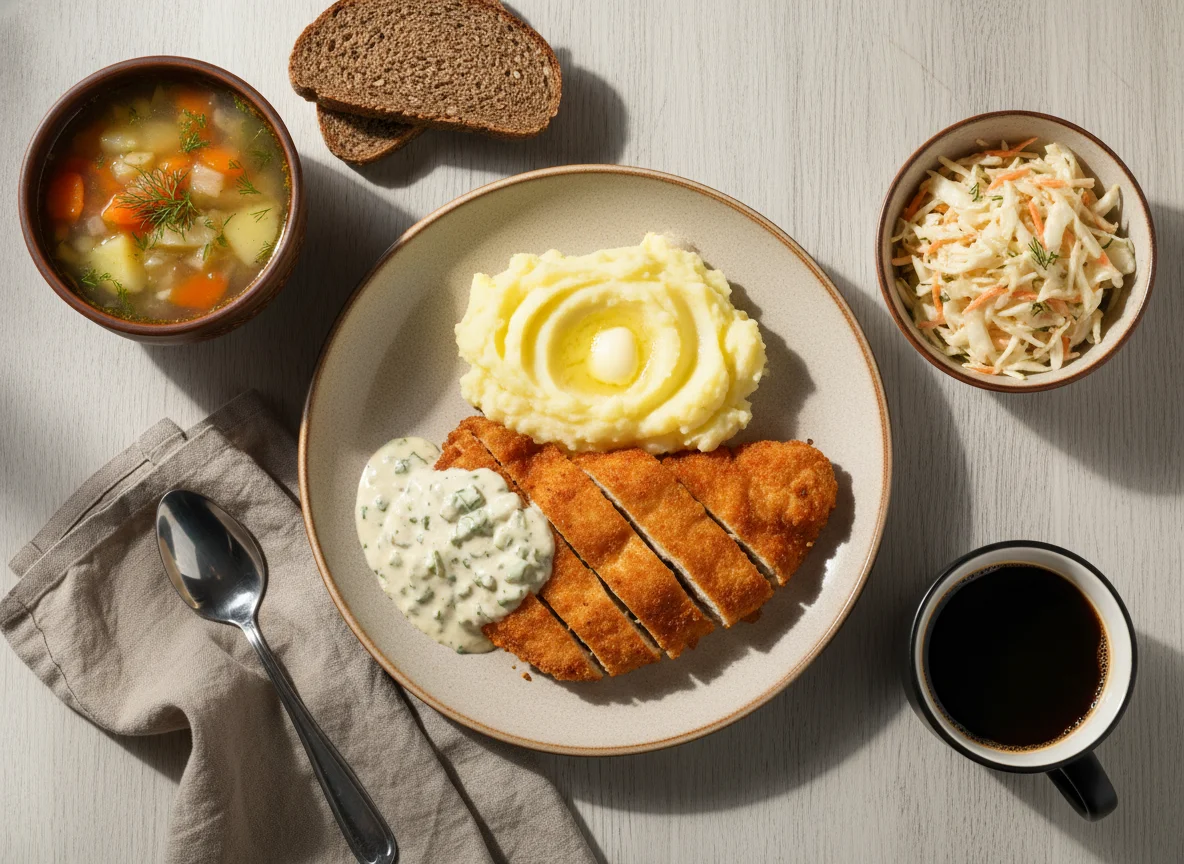 Обед с курицей, пюре, супом и салатом photo
