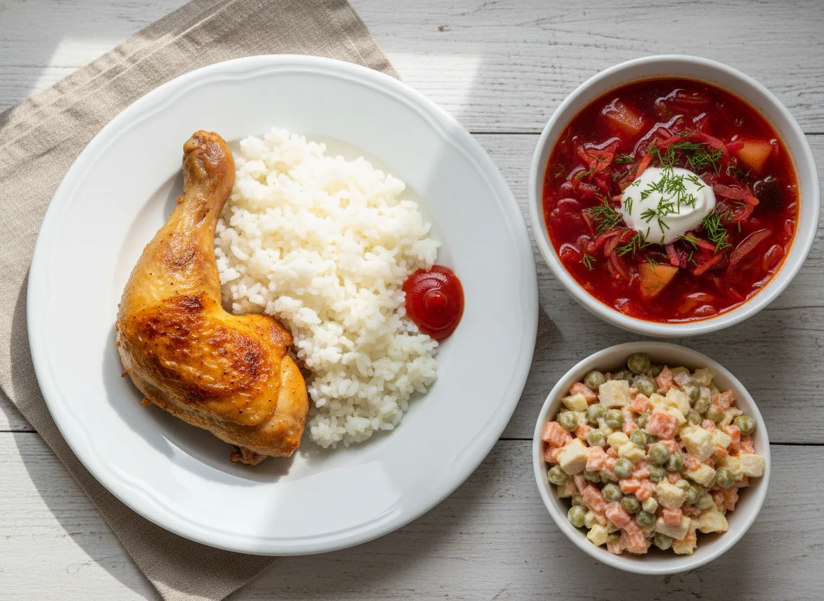 Обед с курицей, рисом, борщом и салатом photo