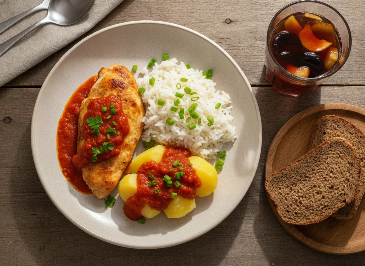 Обед с курицей, рисом и компотом photo