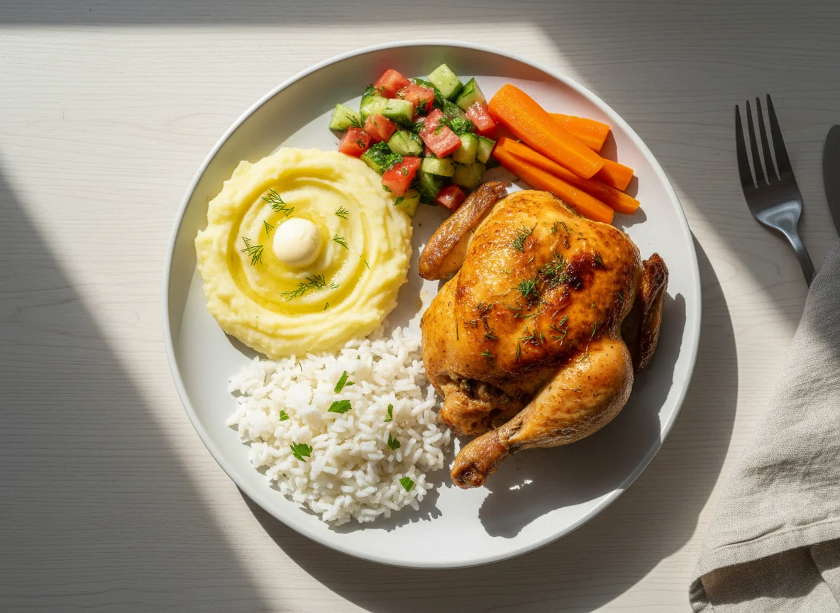 Обед с курицей, рисом и овощами photo