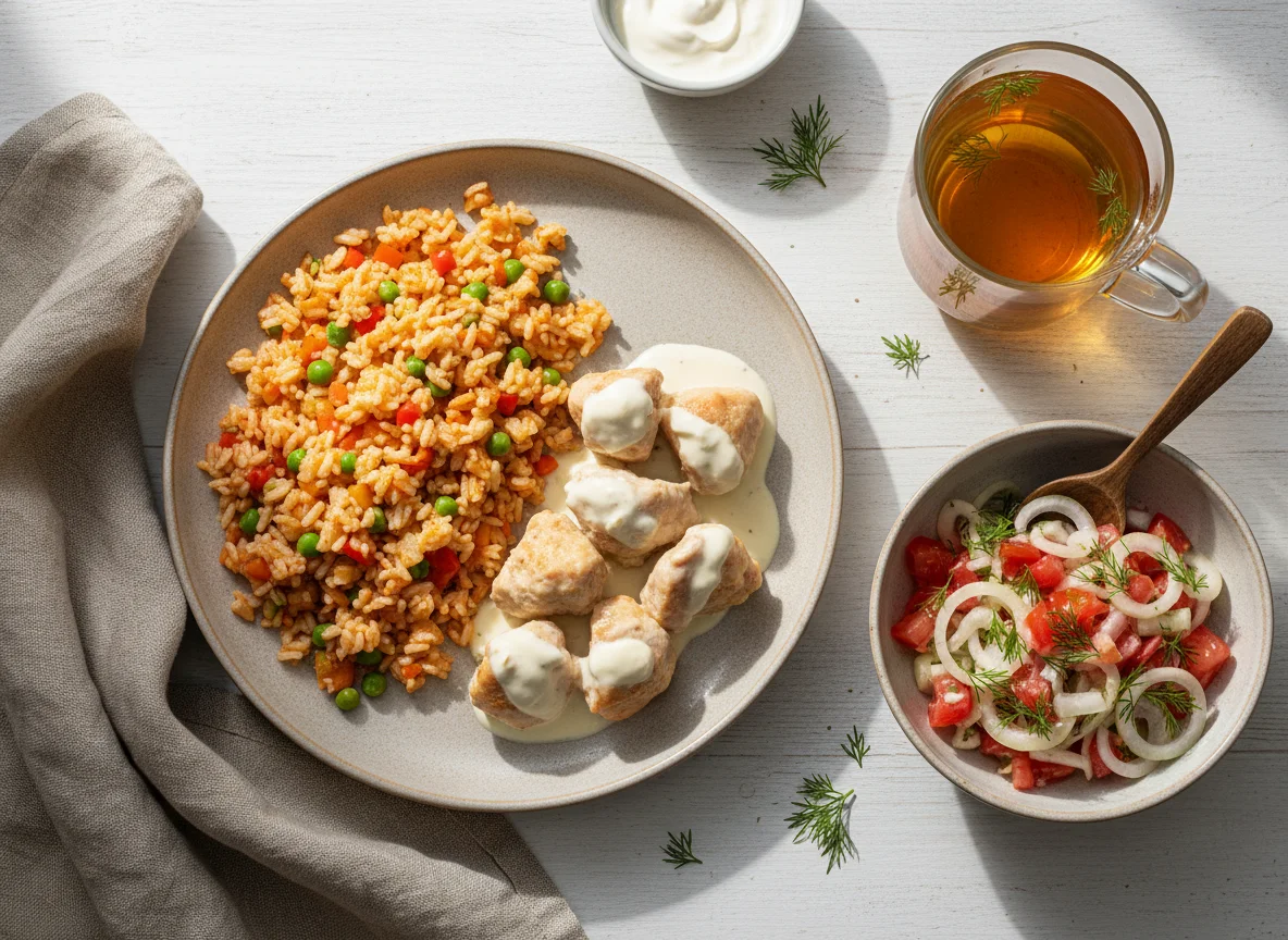 Обед с курицей, рисом и овощным салатом photo