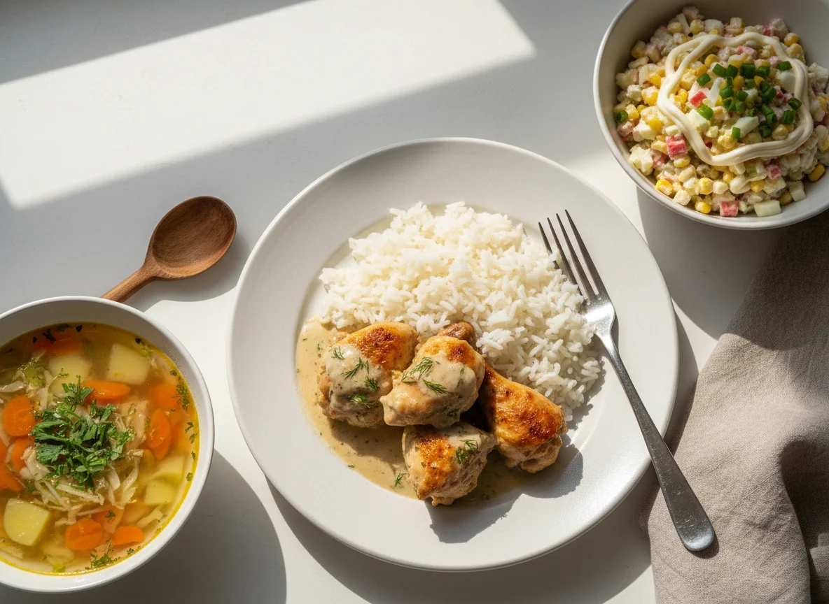 Обед с курицей, рисом, супом и салатом photo