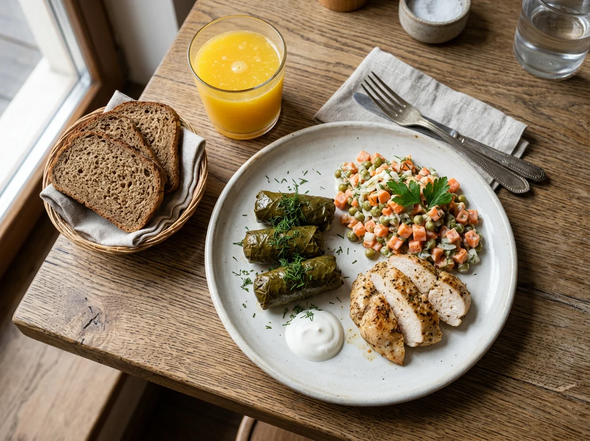 Обед с курицей, салатом и долмой photo