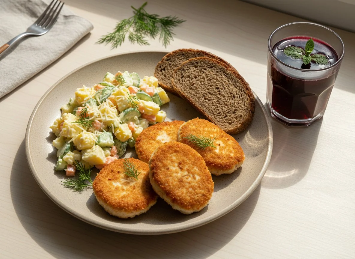 Обед с курицей, салатом и напитком photo