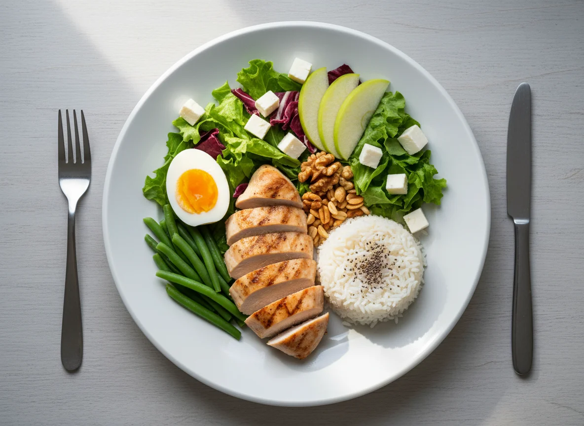 Обед с курицей, салатом и орехами photo