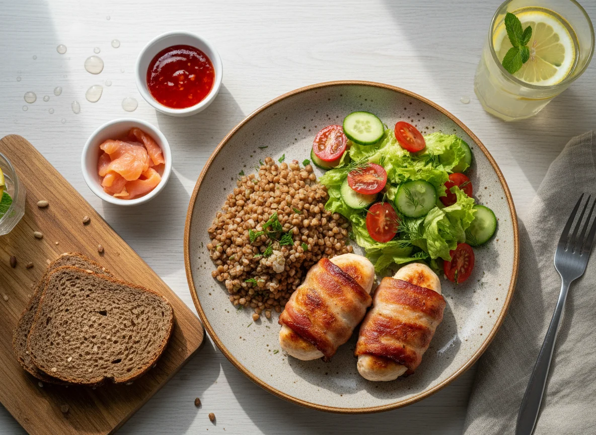 Обед с курицей в беконе и гречкой photo