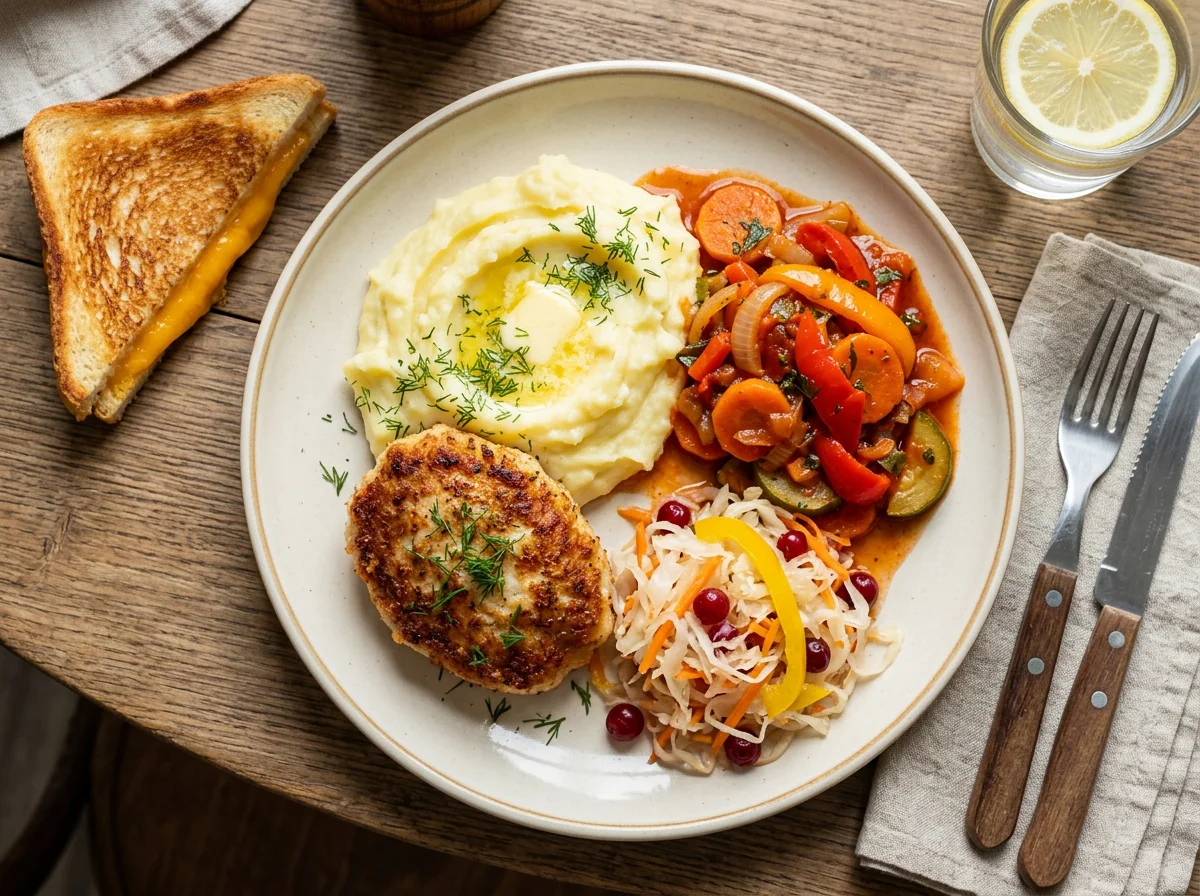 Обед с куриной котлетой и пюре photo