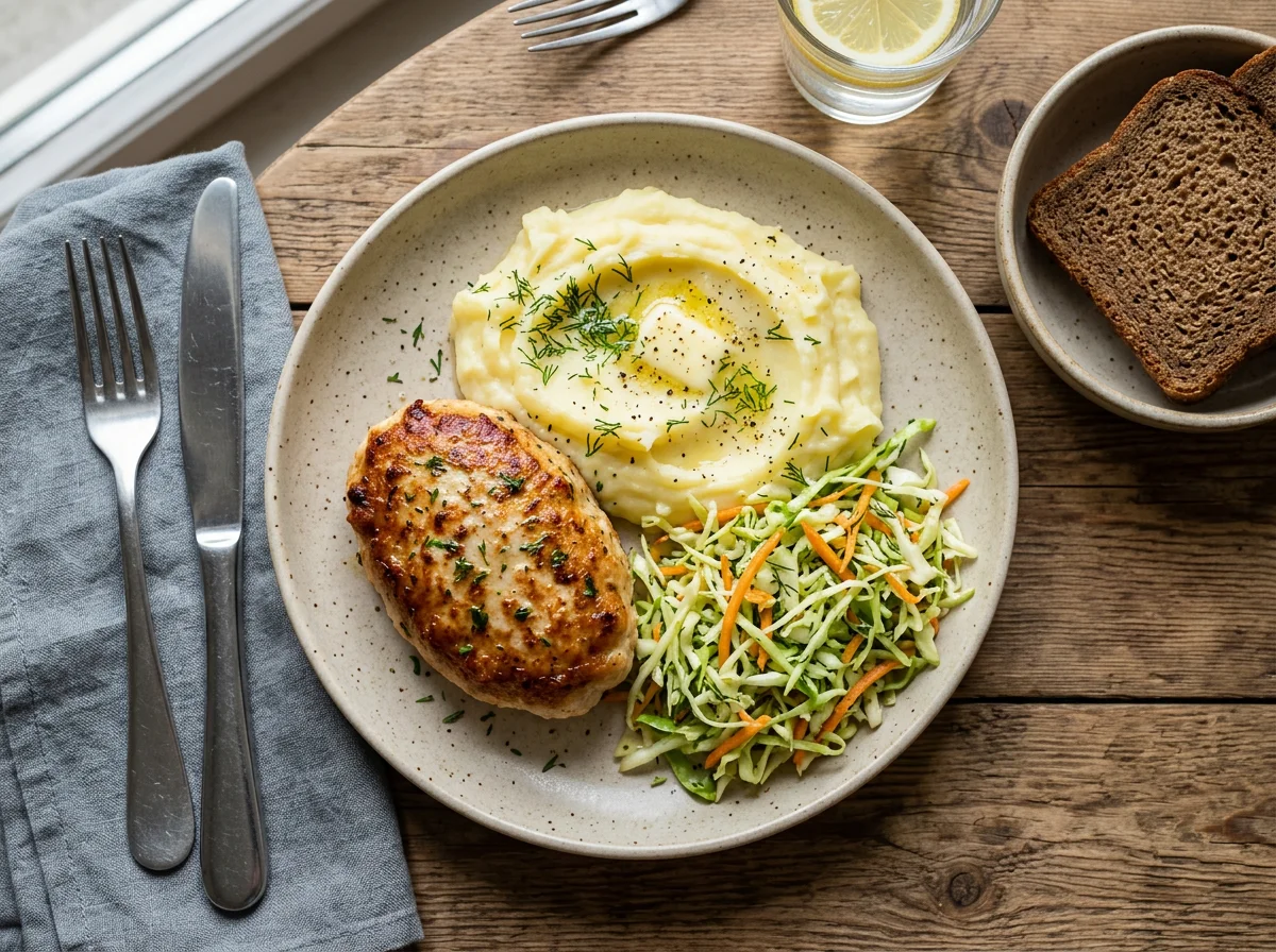 Обед с куриной котлетой, пюре и салатом photo