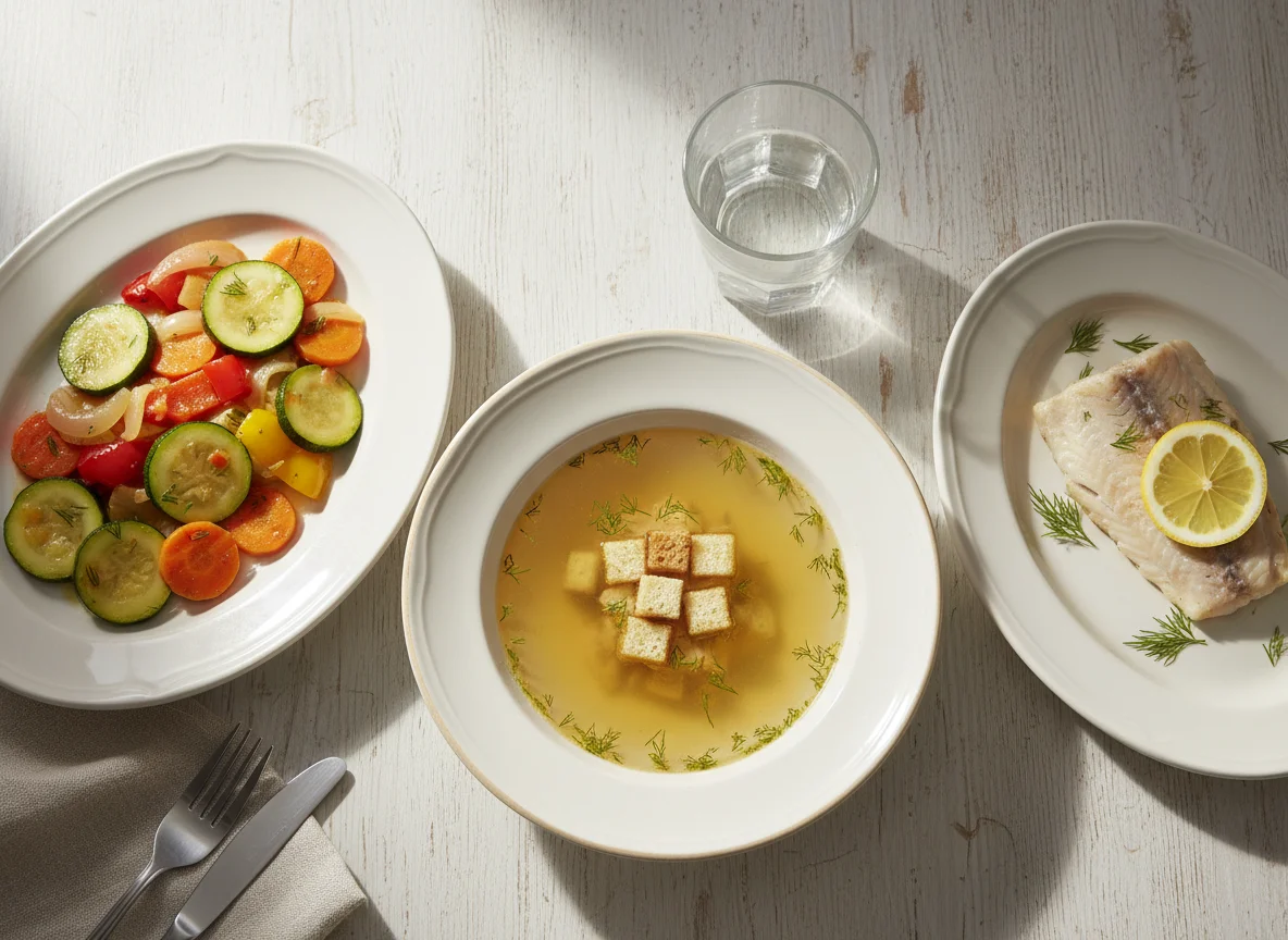 Обед с куриным бульоном, тушеными овощами и рыбой на пару photo