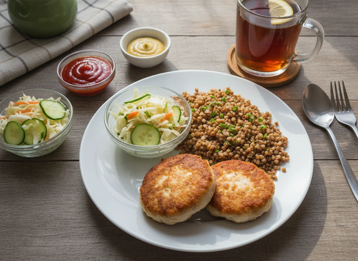 Обед с куриными биточками и гречкой photo