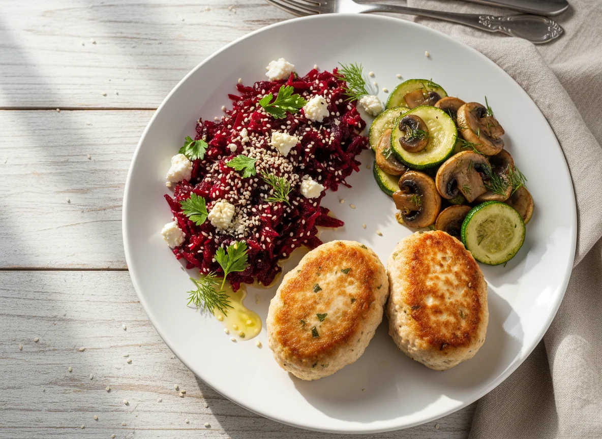 Обед с куриными котлетами, овощами и салатом photo