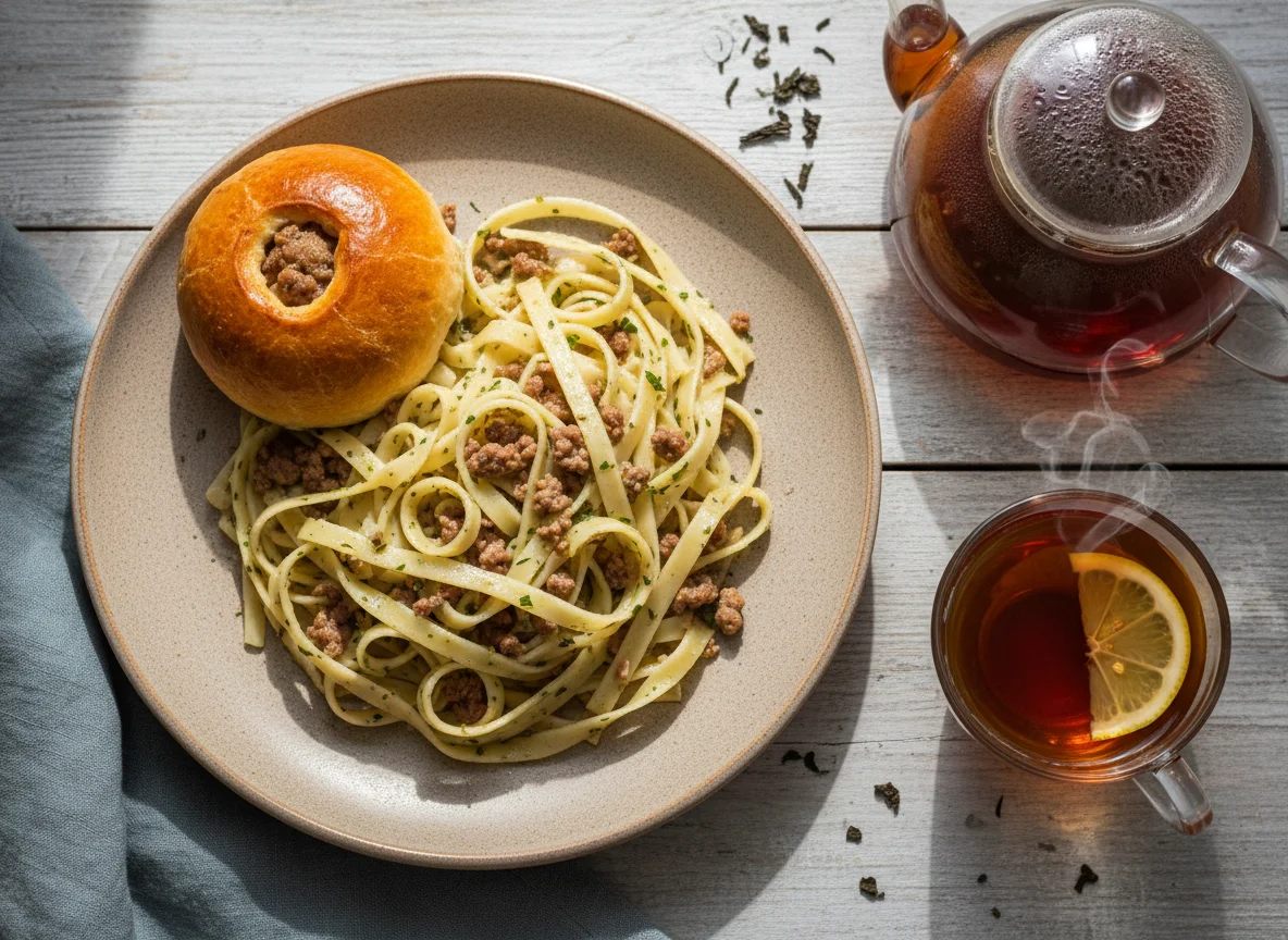 Обед с лапшой, выпечкой и чаем photo