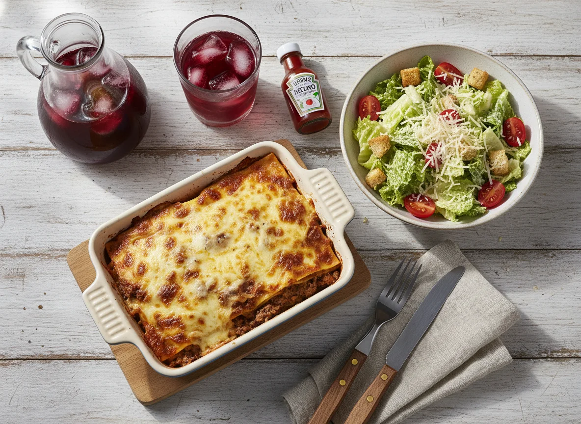 Обед с лазаньей и салатом Цезарь photo