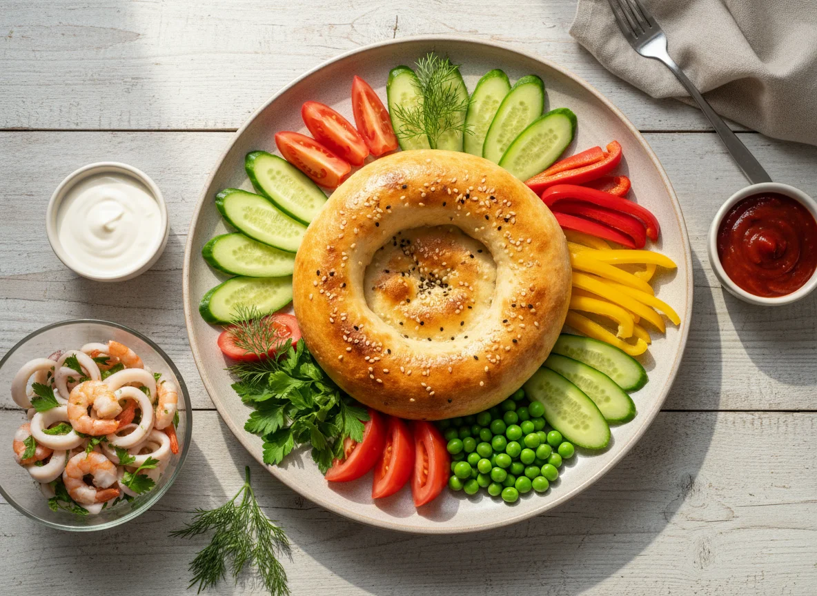 Обед с лепешкой и овощами photo