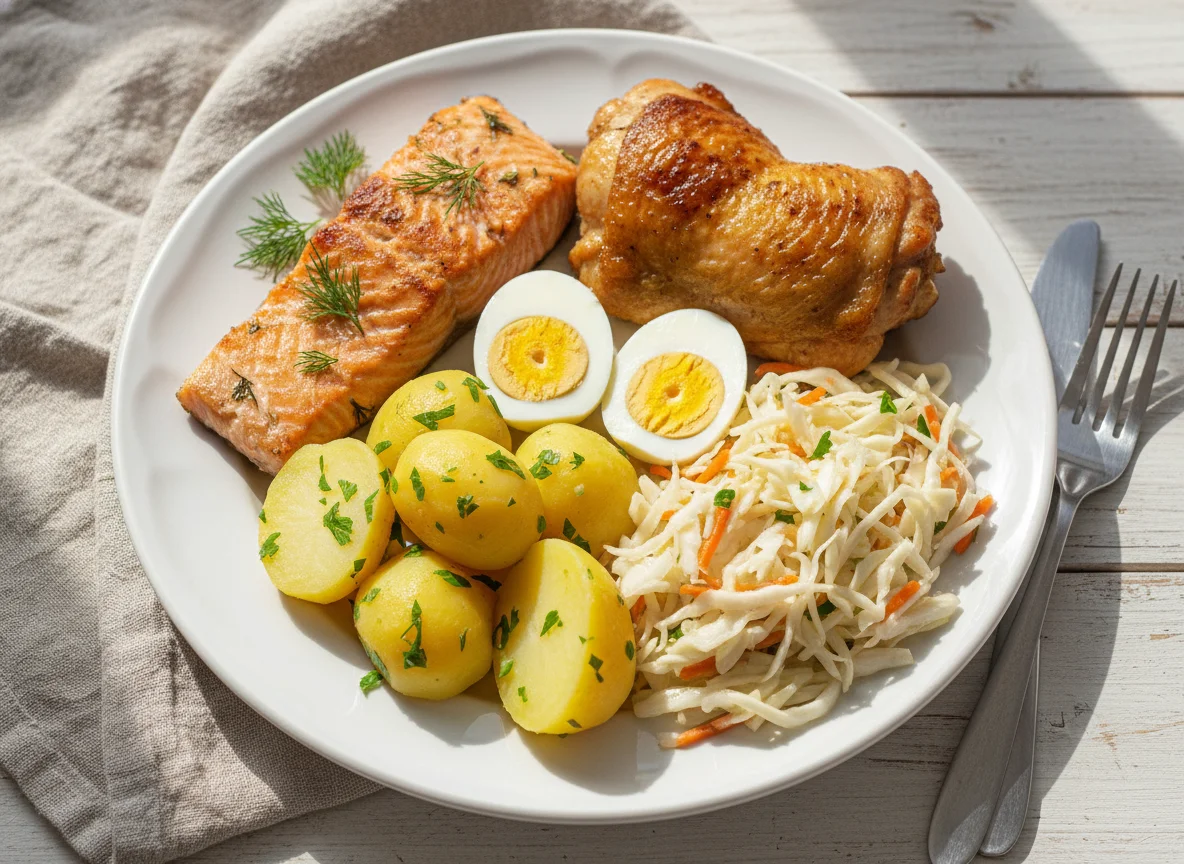 Обед с лососем, курицей, картофелем, салатом и яйцами photo