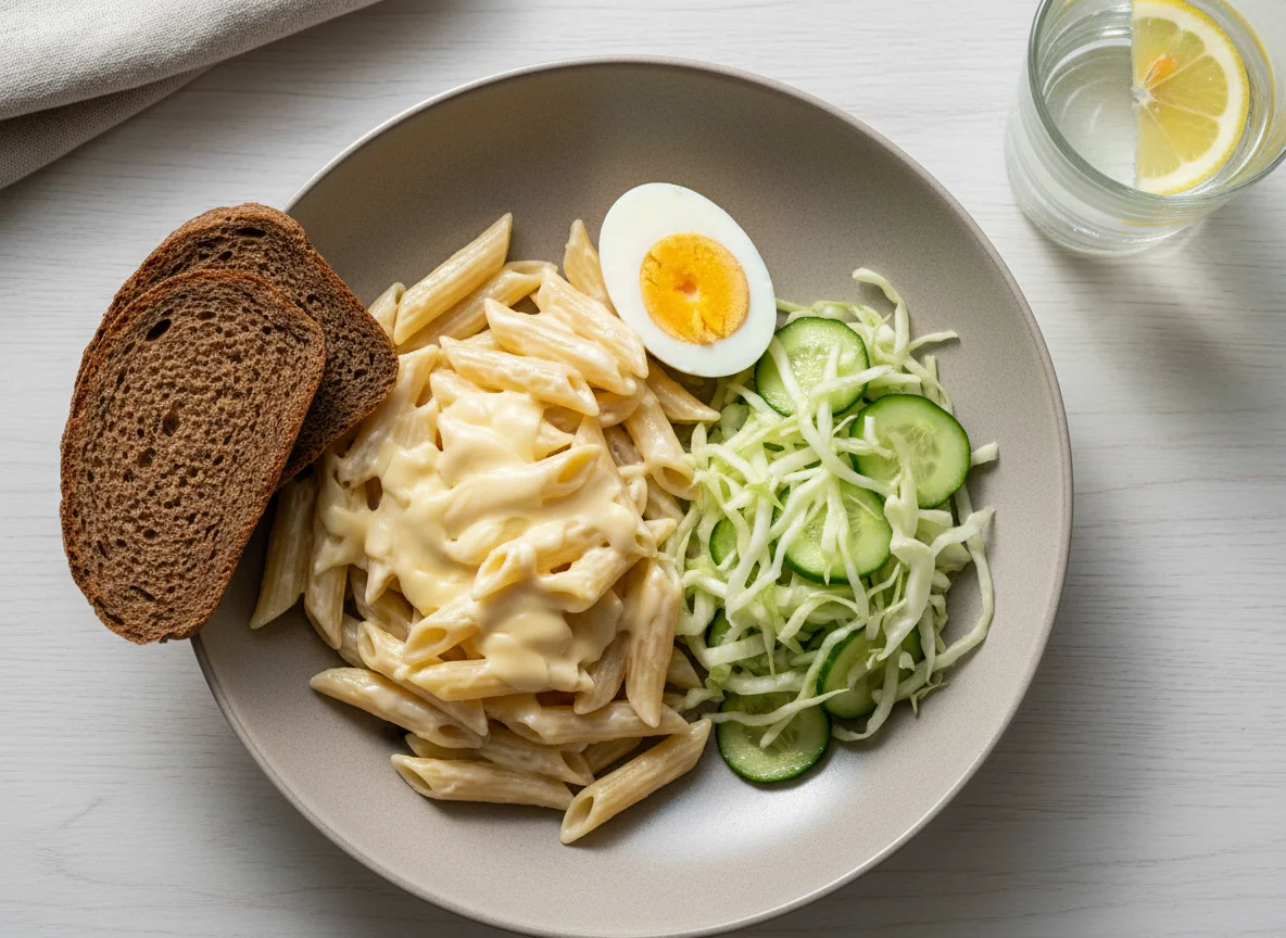 Обед с макаронами, яйцом, салатом и хлебом photo