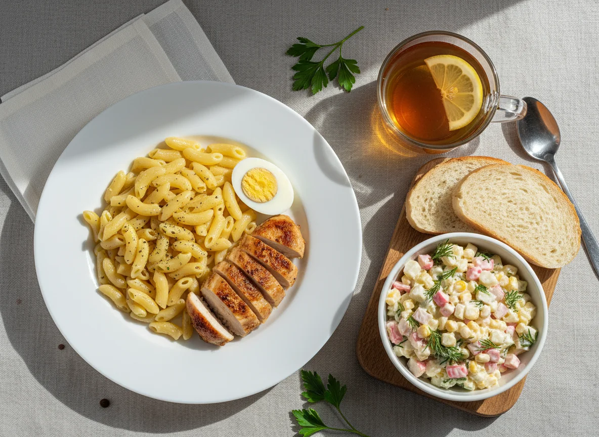 Обед с макаронами и курицей photo