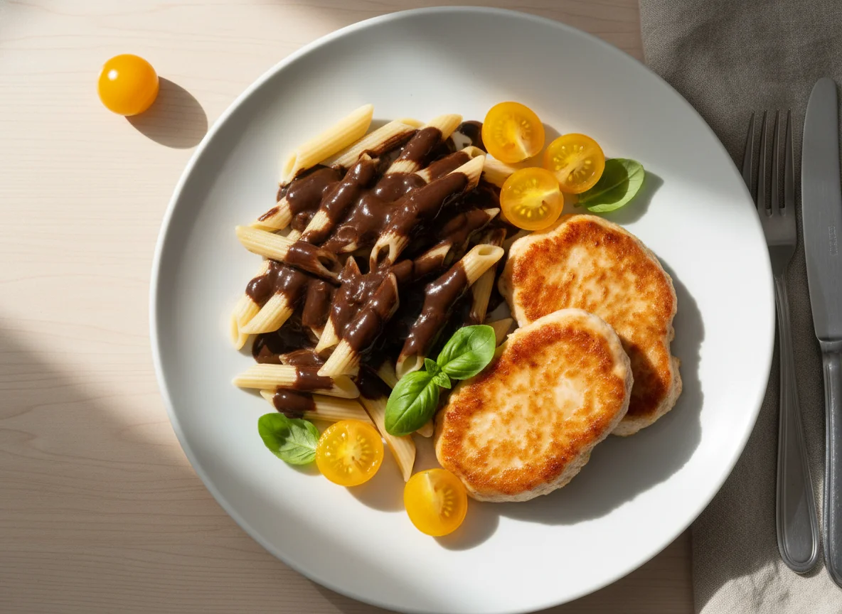 Обед с макаронами, котлетами и томатами черри photo