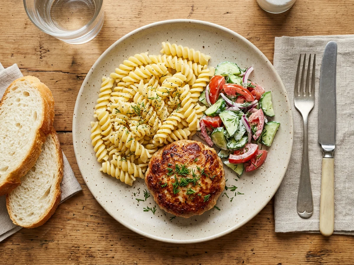 Обед с макаронами, котлетой и овощным салатом photo