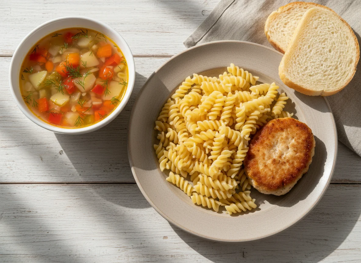 Обед с макаронами, котлетой и супом photo