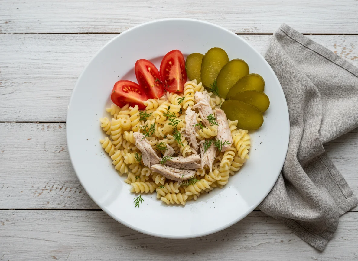 Обед с макаронами, курицей, помидорами и солеными огурцами photo